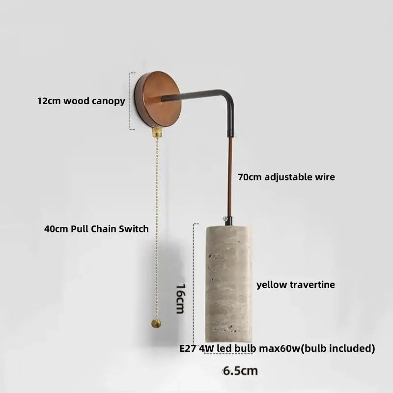 Minimalist yellow travertine wall sconce with 12cm wooden canopy and copper wire decorbites adjustable led wall light