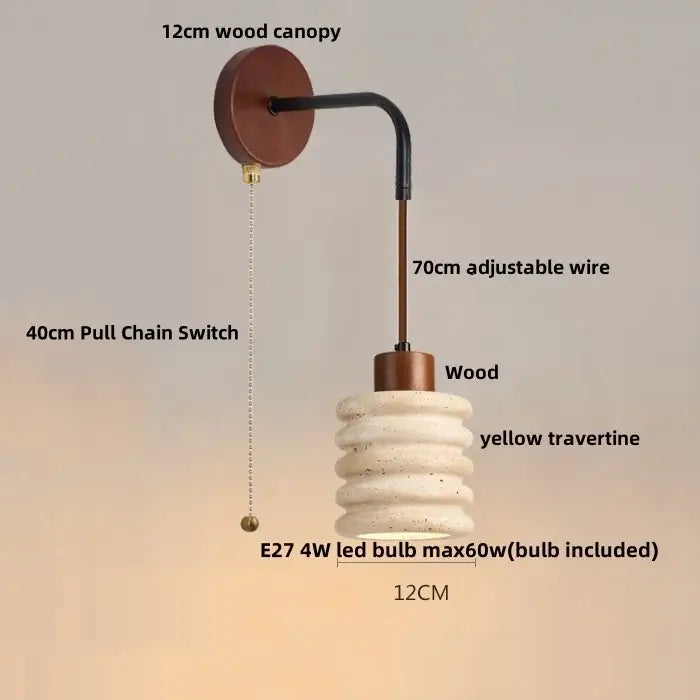 Minimalist yellow travertine adjustable led wall sconce with 12cm wood canopy and black wire arm for bedroom decorbites lighting