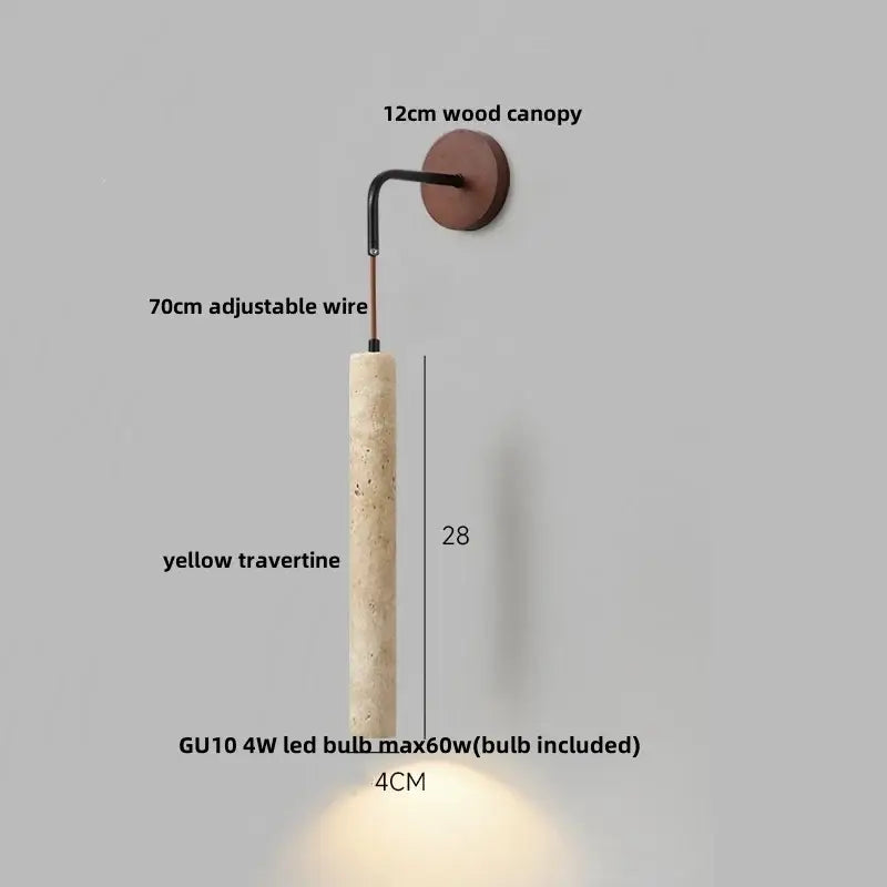 Minimalist yellow travertine adjustable led wall sconce with 12cm wooden canopy and wire arm for bedroom decorbites adjustable led lighting