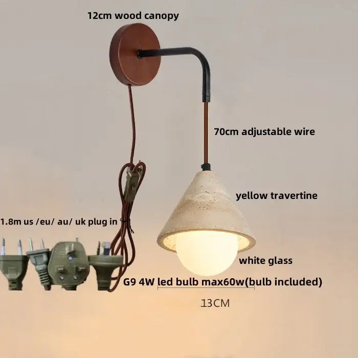 Minimalist yellow travertine wall sconce with 12cm wooden canopy and decorbites adjustable led wall arm for bedroom lighting