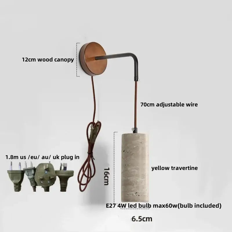 Minimalist yellow travertine adjustable led wall sconce with 12cm wooden canopy and copper wire arm for decorbites wall sconce