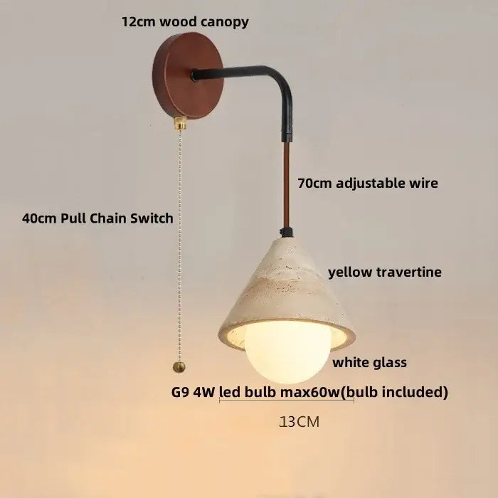 Minimalist yellow travertine adjustable led wall sconce with wooden canopy and black metal arm for bedroom decorbites adjustable led