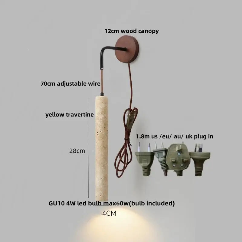 Minimalist yellow travertine wall sconce with adjustable led and rustic wooden canopy for bedroom decorbites adjustable led wall