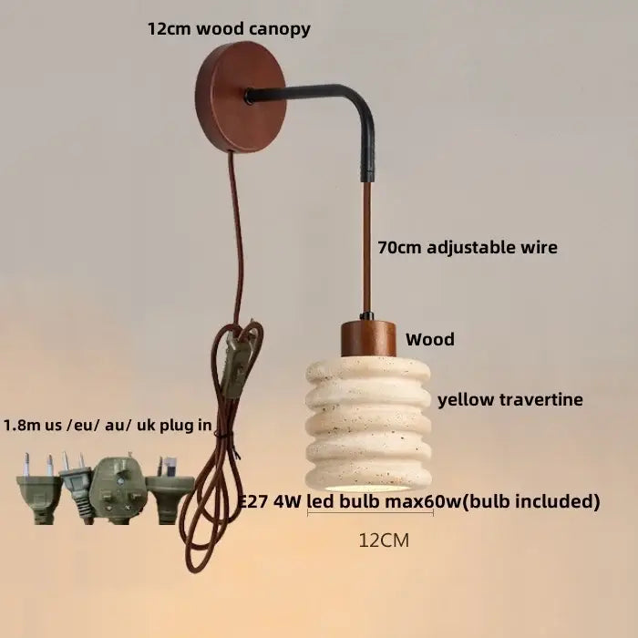Minimalist yellow travertine adjustable led wall sconce with 12cm wood canopy and adjustable wire for bedroom decorbites lighting