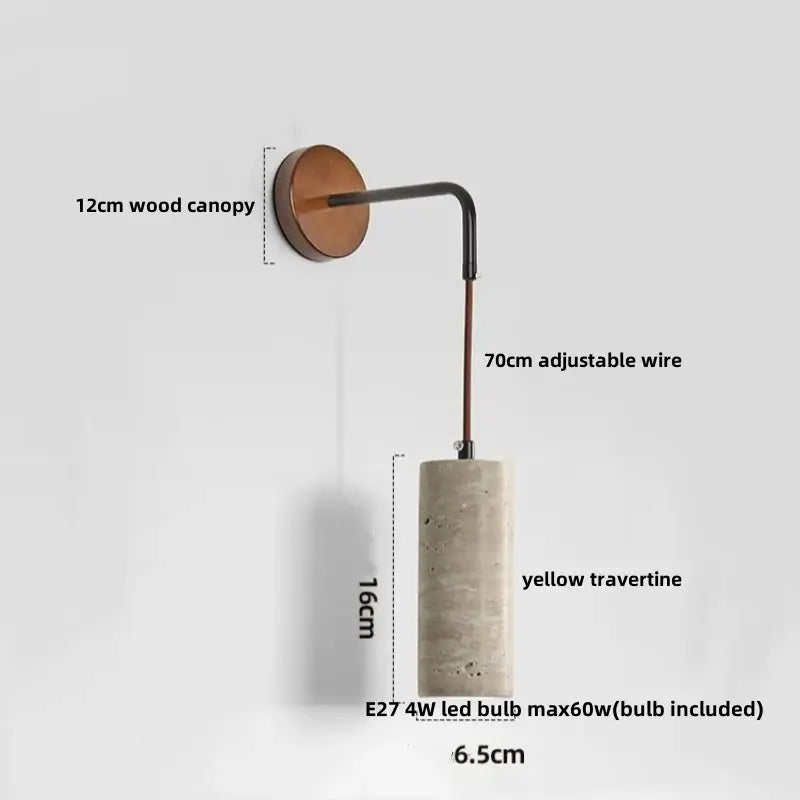 Minimalist yellow travertine adjustable led wall sconce with warm wood canopy and black wire arm for decorbites adjustable led wall lighting