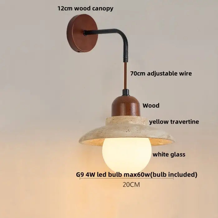 Minimalist yellow travertine adjustable led wall sconce with wood canopy and black wire for bedroom decorbites adjustable led use