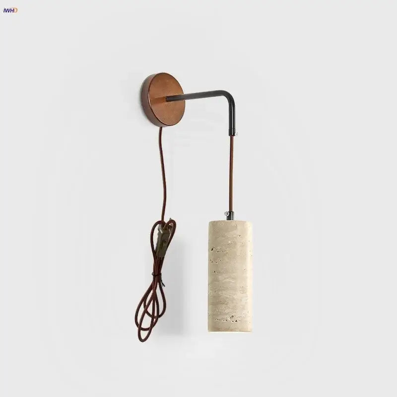 Minimalist yellow travertine adjustable led wall sconce with beige stone shade copper base and black metal arm decorbites adjustable led