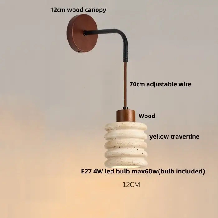 Minimalist yellow travertine wall sconce with 12cm wood canopy and adjustable led wire arm for bedroom decorbites adjustable led wall