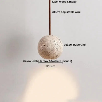 Minimalist yellow travertine stone pendant light with spherical textured finish and 12cm wood canopy for dining room
