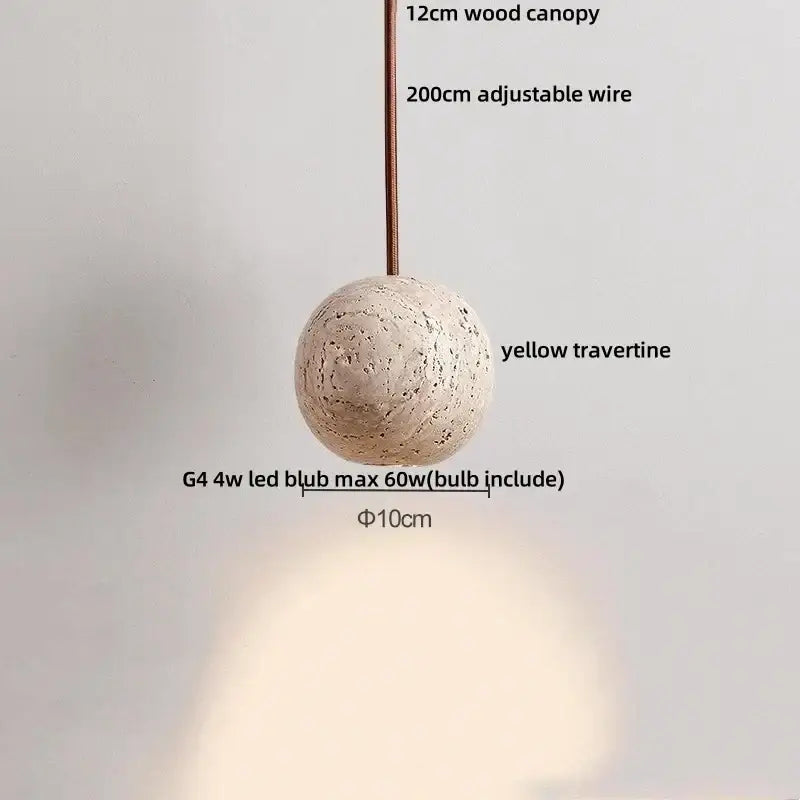 Minimalist yellow travertine stone pendant light with spherical textured finish and 12cm wood canopy for dining room