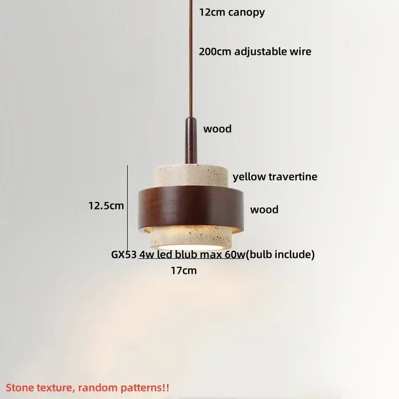 Minimalist dining room pendant light with yellow travertine stone, layered dark wood rings, 12cm canopy, and adjustable wire