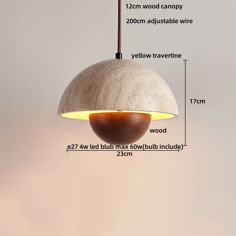 Minimalist yellow travertine stone pendant light with textured yellow travertine upper dome and wooden lower half for dining room