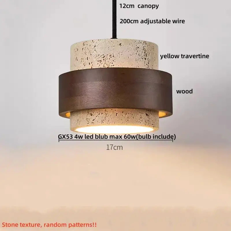 Minimalist yellow travertine stone pendant light with stacked textured design and dark wood rings for dining room