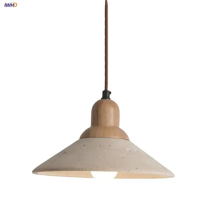 Minimalist pendant light with beige speckled ceramic shade and yellow travertine stone fixture for dining room use