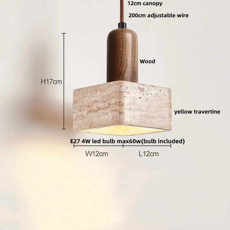 Minimalist pendant light with warm wooden canopy and textured yellow travertine stone shade for dining room