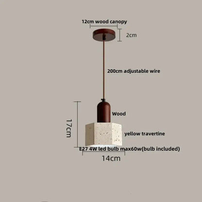 Minimalist yellow travertine stone pendant light with wood canopy and adjustable wire for dining room lighting