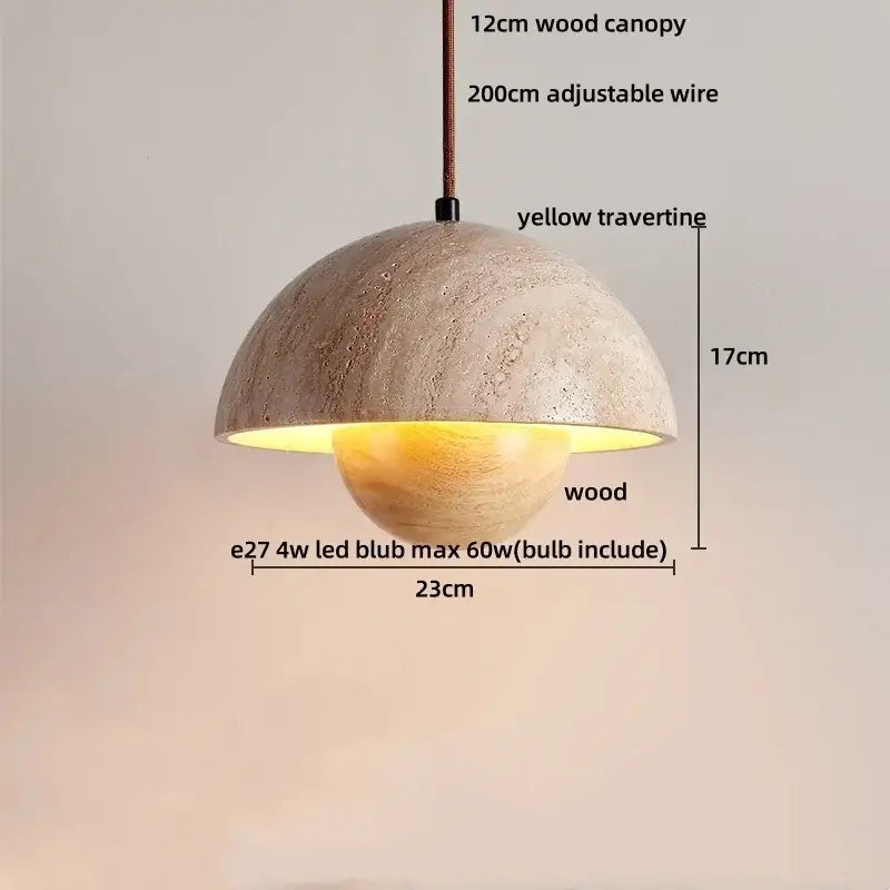 Minimalist pendant light with yellow travertine stone dome and warm wooden base for dining room ambiance