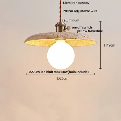 Minimalist yellow travertine stone pendant light with textured shade, aluminum fixture, and braided iron canopy for dining room