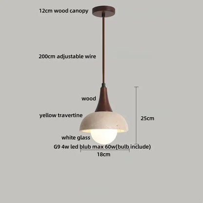 Minimalist yellow travertine stone pendant light with yellow travertine shade and wood canopy for dining room lighting
