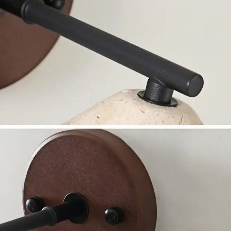 Black metal arm wall light with yellow travertine circular wooden base for minimalist bedroom decorbites led yellow lighting