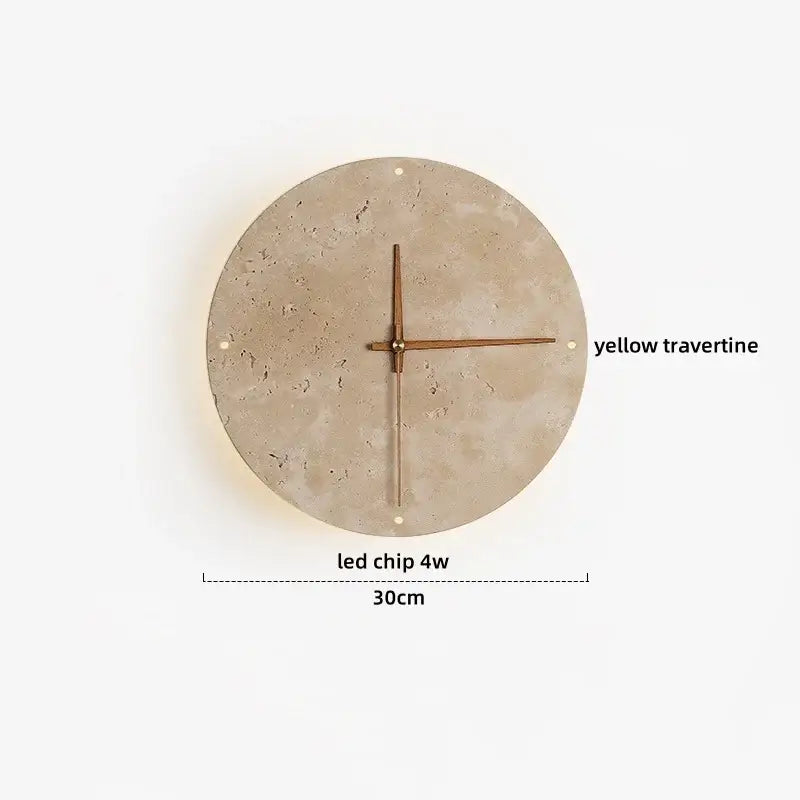 A circular wall clock with a yellow travertine face and wooden hands complements decorbites led wall light bedroom decor