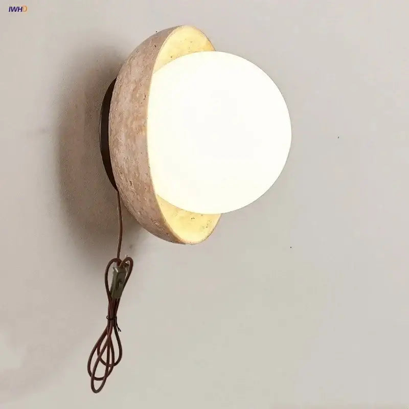 Minimalist yellow travertine and white glass led wall light with a textured concrete base for modern decorbites led wall lighting