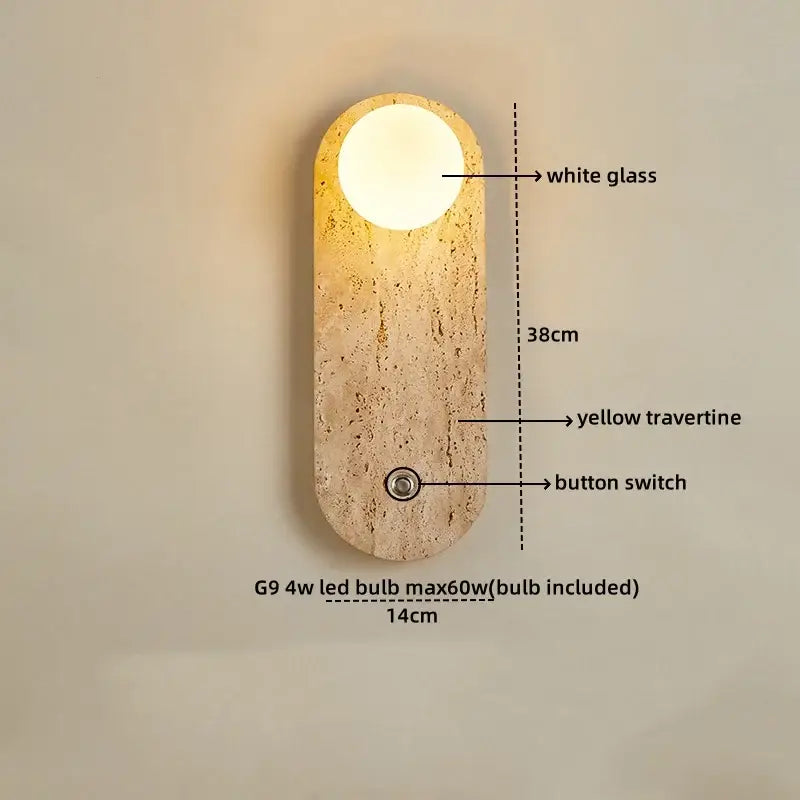 Minimalist yellow travertine and white glass led wall light with warm glow and button switch for bedroom decorbites led wall