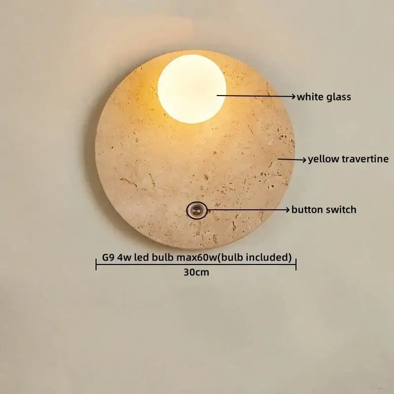 Minimalist yellow travertine wall light with a white glass bulb by decorbites led wall light for bedroom decor