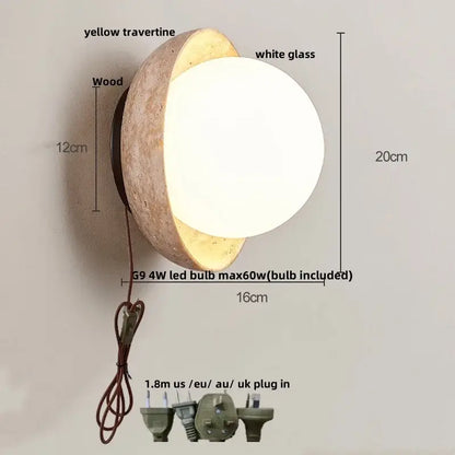 Minimalist yellow travertine and white glass led wall light with rounded shell for decorbites led wall bedroom lighting