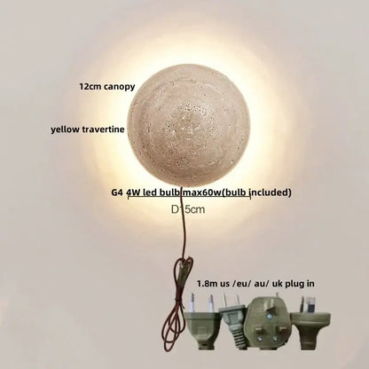Minimalist yellow travertine and white glass led wall light with 15cm diameter and 12cm canopy for decorbites led wall use