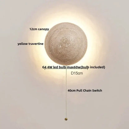 Minimalist yellow travertine and white glass led wall light with 12cm canopy and 40cm pull chain switch decorbites led wall light