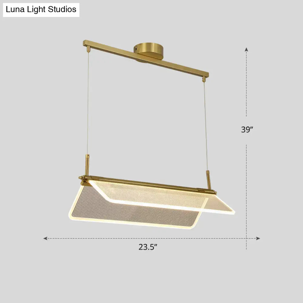 DecorBites™ pendant light with gold finish, sleek rectangular design, and mesh diffuser for minimalistic acrylic dining