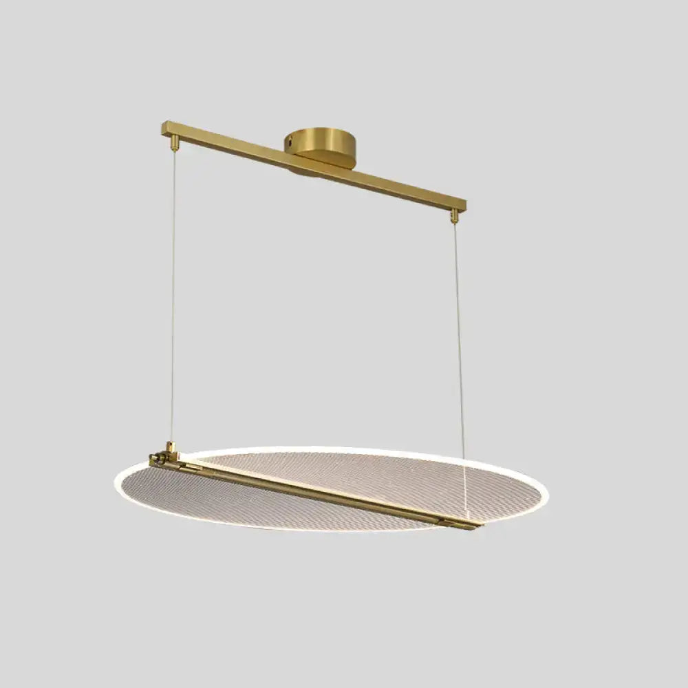 DecorBites minimalistic acrylic dining pendant light features a gold folding island light with a sleek circular mesh shade