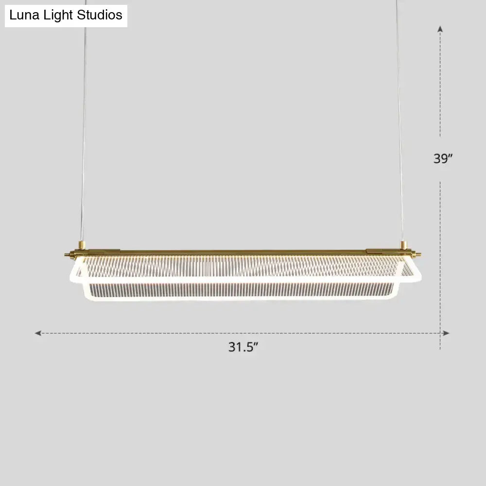 Modern rectangular pendant light with gold metal frame and white mesh shade for minimalistic acrylic dining use