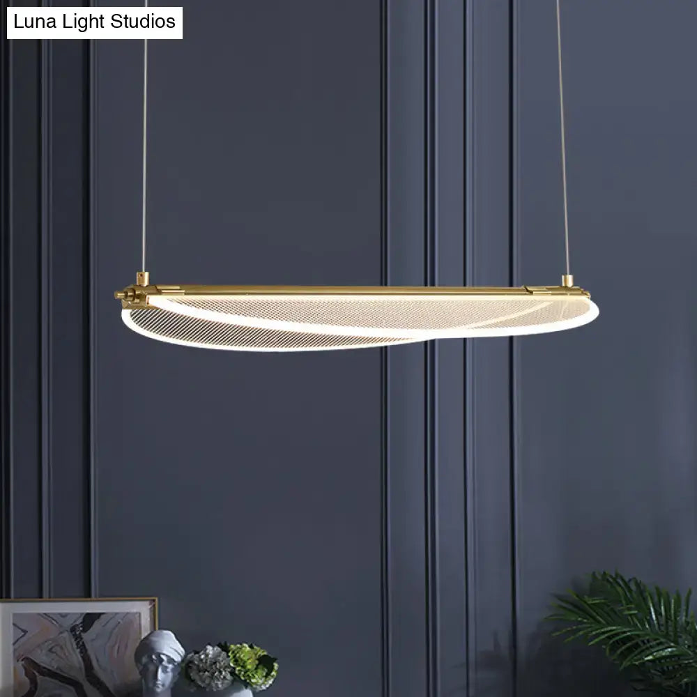 Gold-toned DecorBites™ minimalistic acrylic dining room pendant light with elongated oval folding island light design and mesh pattern