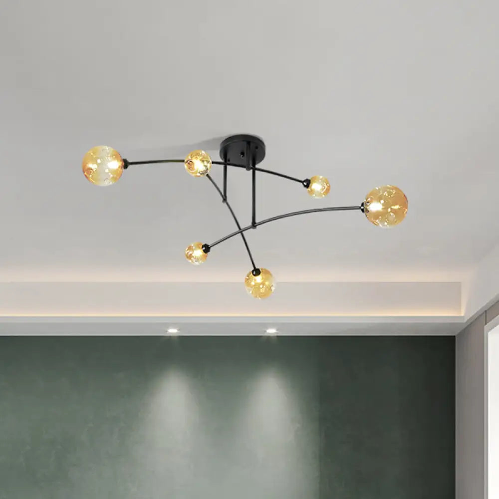 DecorBites™ DecorBites™ Minimalistic Amber Glass Modo Semi-Flush Ceiling Lamp with 6 Black Arced Heads