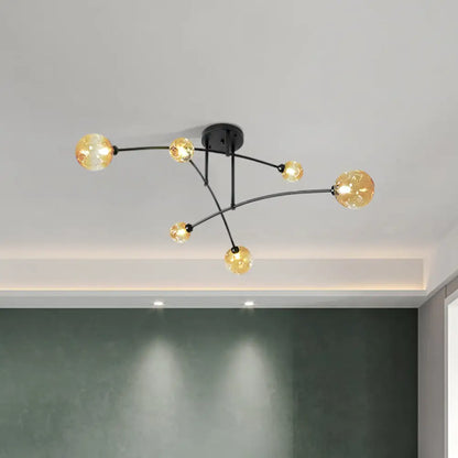 DecorBites™ DecorBites™ Minimalistic Amber Glass Modo Semi-Flush Ceiling Lamp with 6 Black Arced Heads