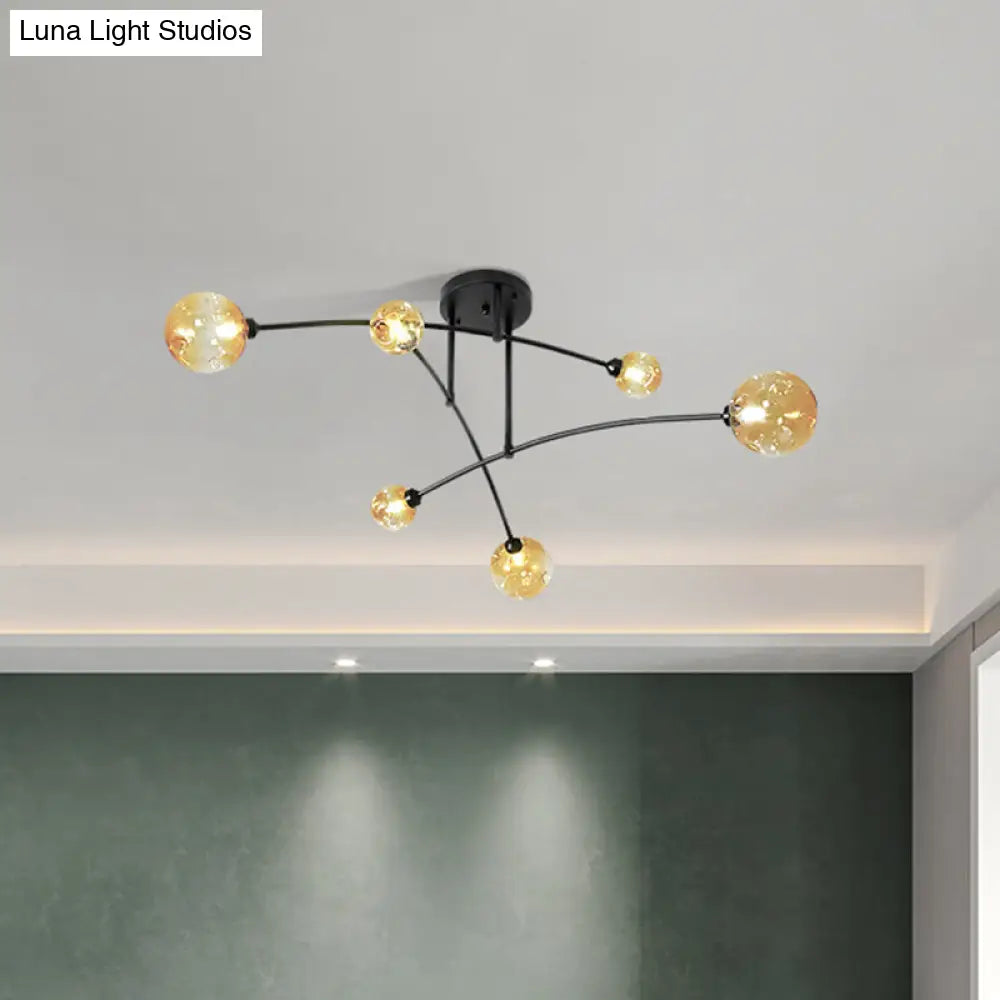 DecorBites™ DecorBites™ Minimalistic Amber Glass Modo Semi-Flush Ceiling Lamp with 6 Black Arced Heads