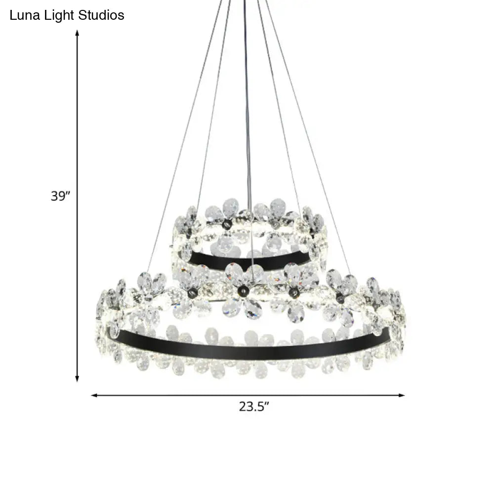 Lámpara de araña LED minimalista con forma de flor de cristal negro - Kit de luz colgante de aro para sala de estar