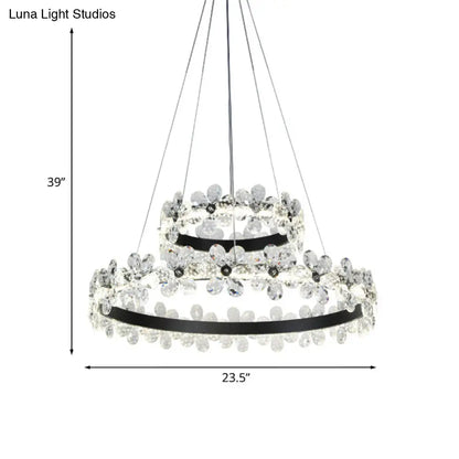Lámpara de araña LED minimalista con forma de flor de cristal negro - Kit de luz colgante de aro para sala de estar