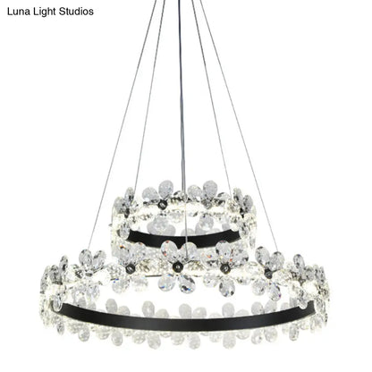 Lámpara de araña LED minimalista con forma de flor de cristal negro - Kit de luz colgante de aro para sala de estar