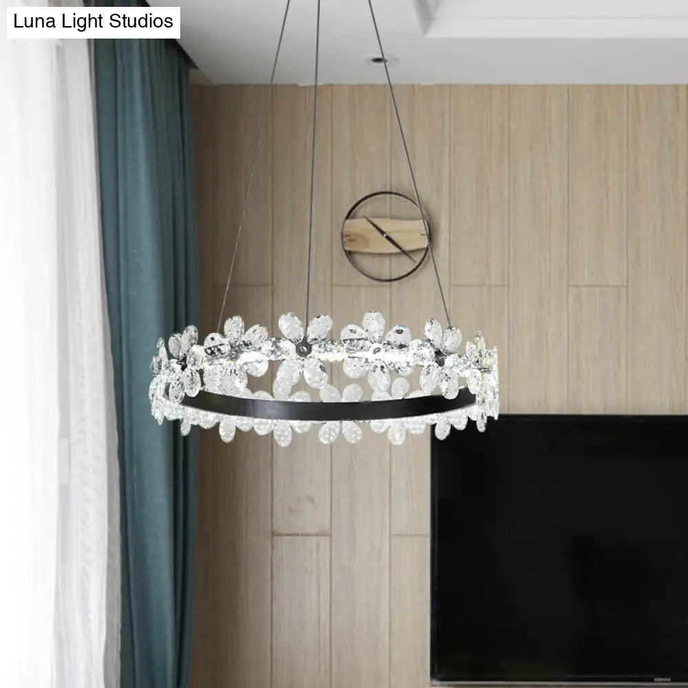 Lámpara de araña LED minimalista con forma de flor de cristal negro - Kit de luz colgante de aro para sala de estar