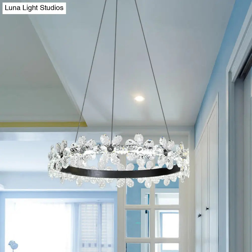 Lámpara de araña LED minimalista con forma de flor de cristal negro - Kit de luz colgante de aro para sala de estar