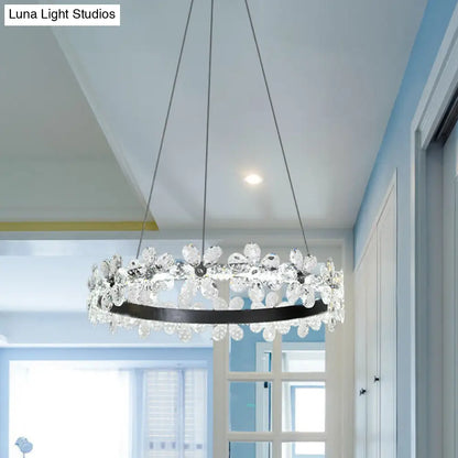 Lámpara de araña LED minimalista con forma de flor de cristal negro - Kit de luz colgante de aro para sala de estar