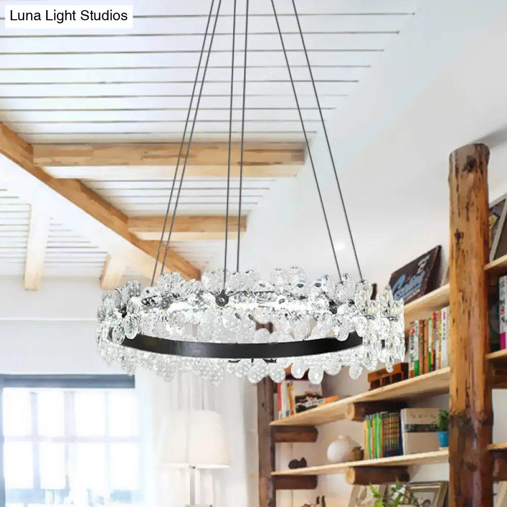 Lámpara de araña LED minimalista con forma de flor de cristal negro - Kit de luz colgante de aro para sala de estar