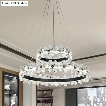 Lámpara de araña LED minimalista con forma de flor de cristal negro - Kit de luz colgante de aro para sala de estar