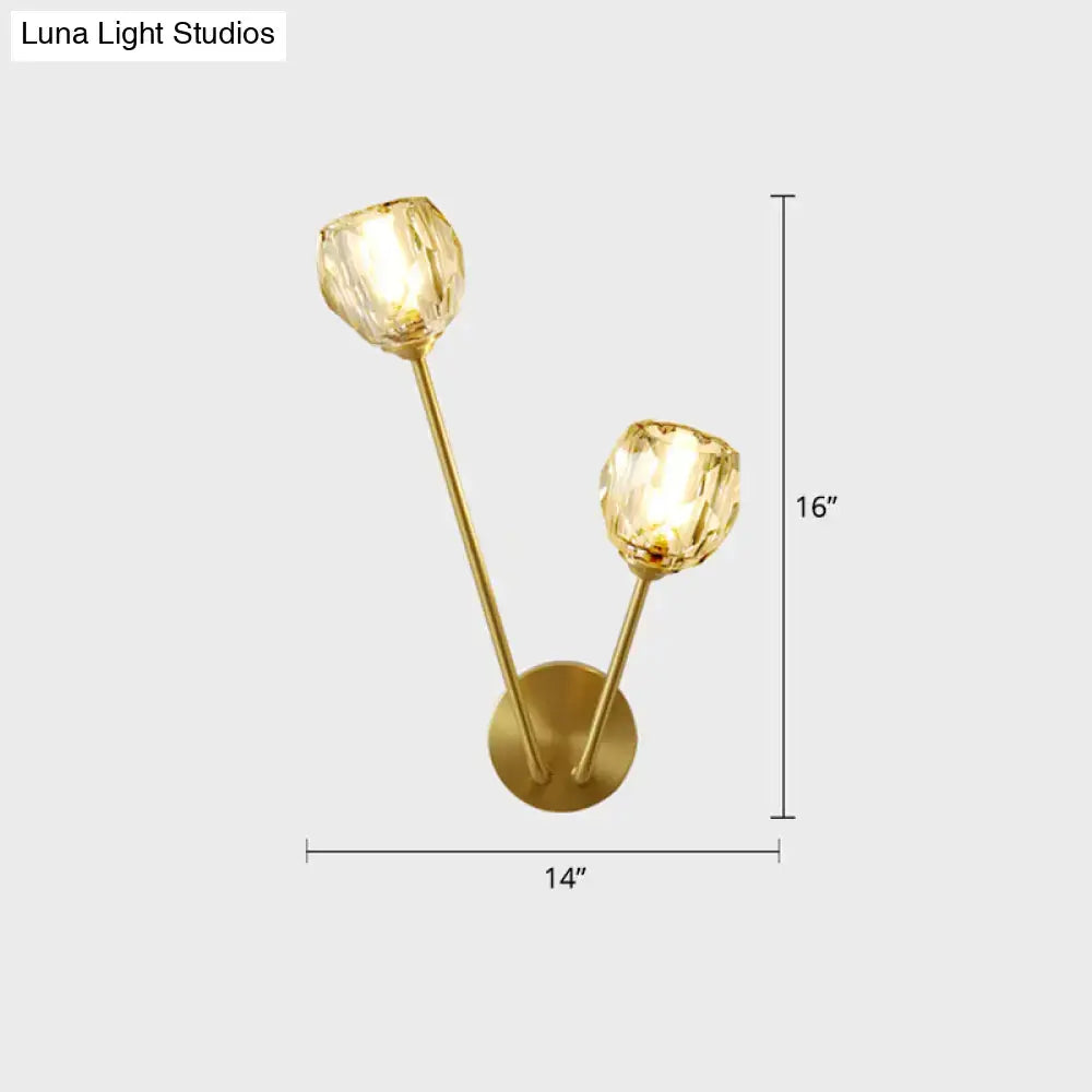 Gold-toned brass branch wall light with two faceted crystal shades for bedroom minimalistic wall lamp decor
