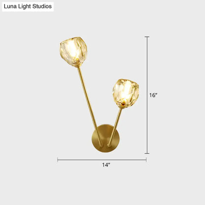 Gold-toned brass branch wall light with two faceted crystal shades for bedroom minimalistic wall lamp decor