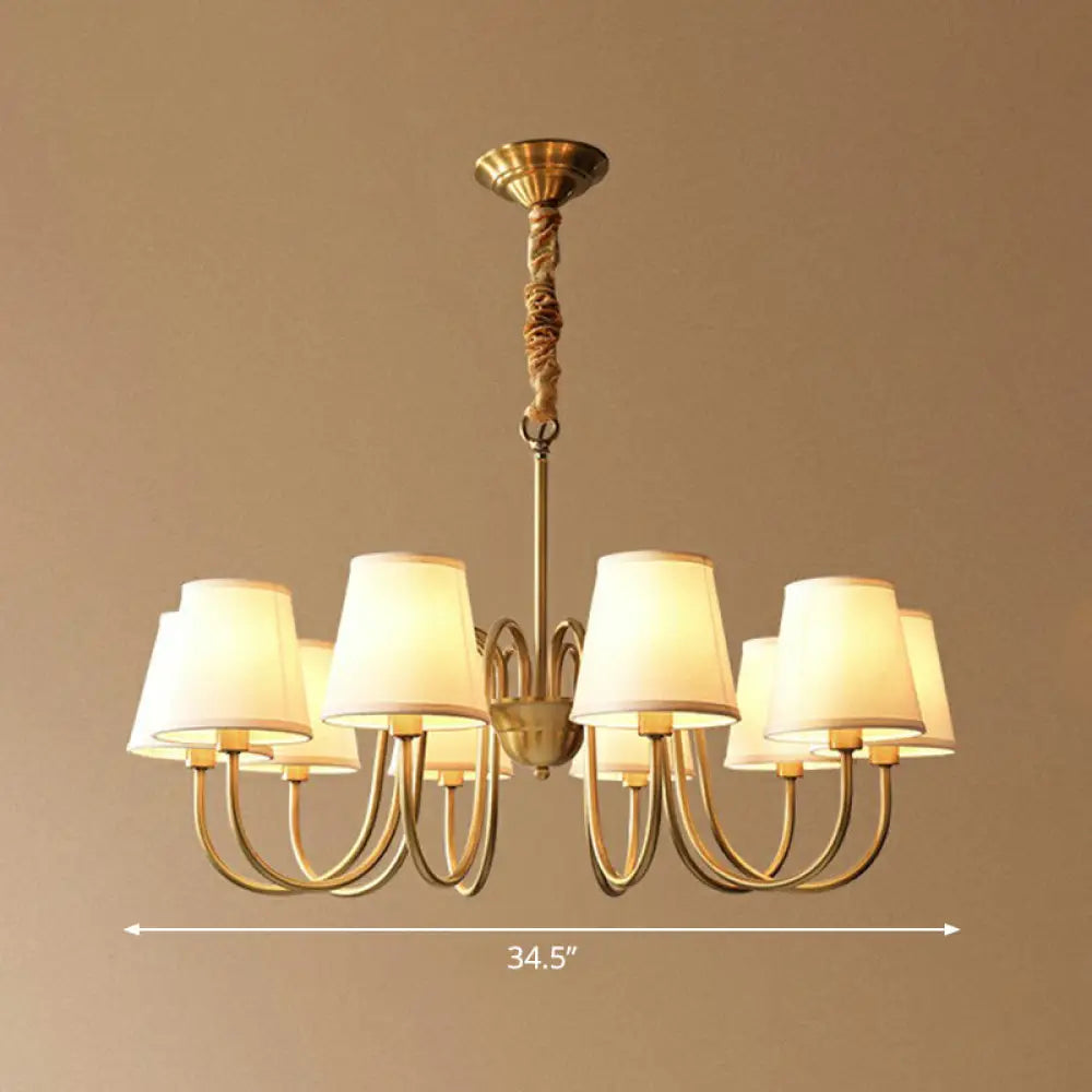 Minimalistic Brass Chandelier with Curvy Arm and Cone Fabric Shade for Living Room Pendant Lighting