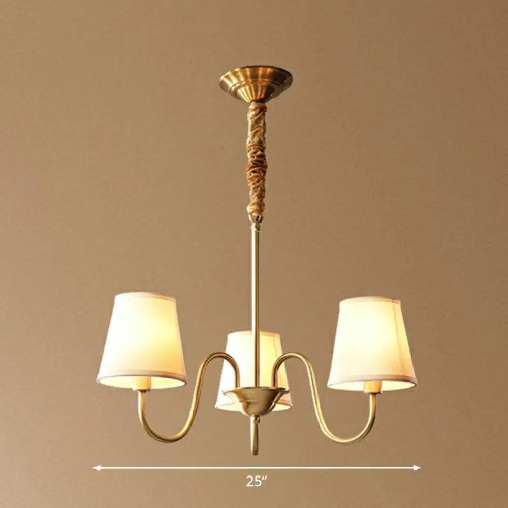 Minimalistic Brass Chandelier with Curvy Arm and Cone Fabric Shade for Living Room Pendant Lighting
